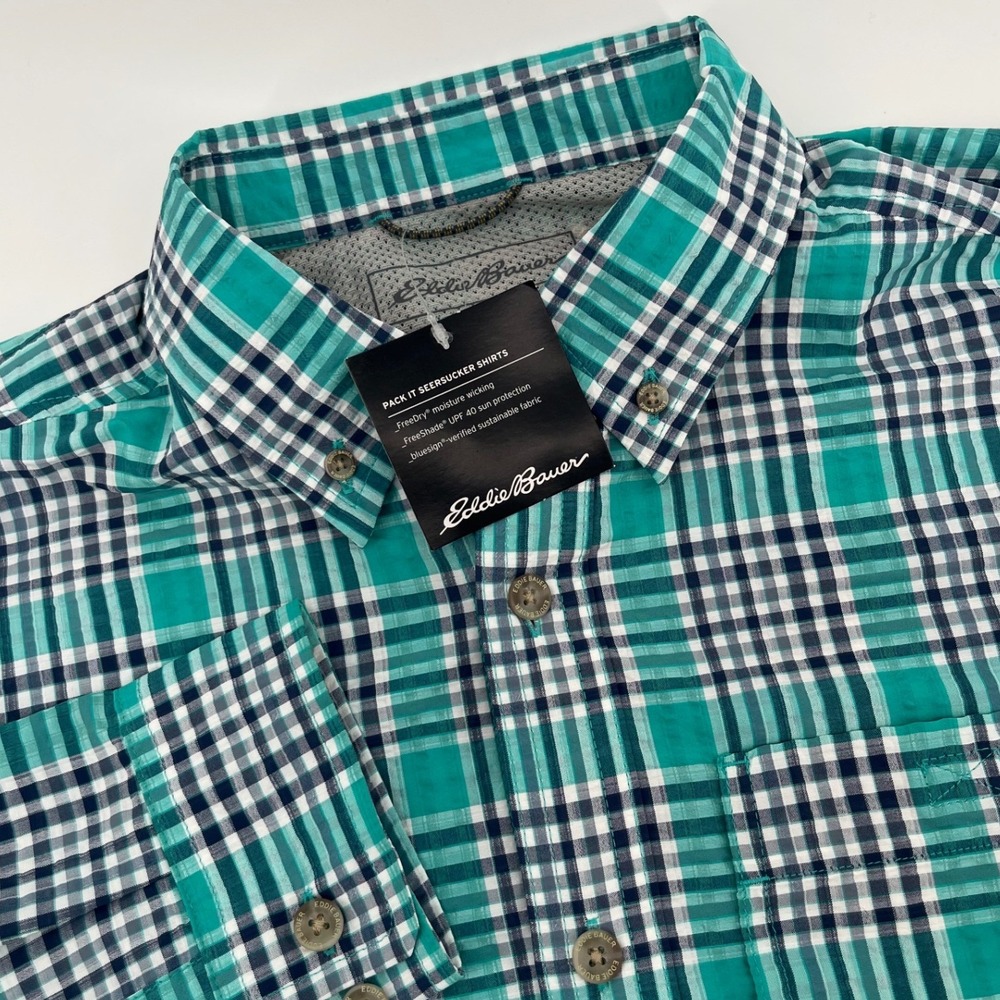 Eddie Bauer Pack It Seersucker Shirt Mens M Teal Green Plaid UPF 40 Button Down